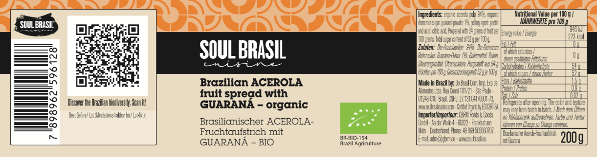 Soul Brasil Compota de Acerola e Guaraná 200g - USDA Organic